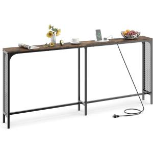 Giantex 71″ Narrow Console Table with 2 Power Outlets and USB-C Ports, Sofa Tables with Charging Station & Metal Frame, Skinny Behind Couch Tables, Long Entryway Tables for Living Room, Natural+White(Rustic Brown + Black)