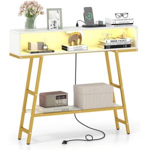 Giantex 71″ Narrow Console Table with 2 Power Outlets and USB-C Ports, Sofa Tables with Charging Station & Metal Frame, Skinny Behind Couch Tables, Long Entryway Tables for Living Room, Natural+White(White + Gold)