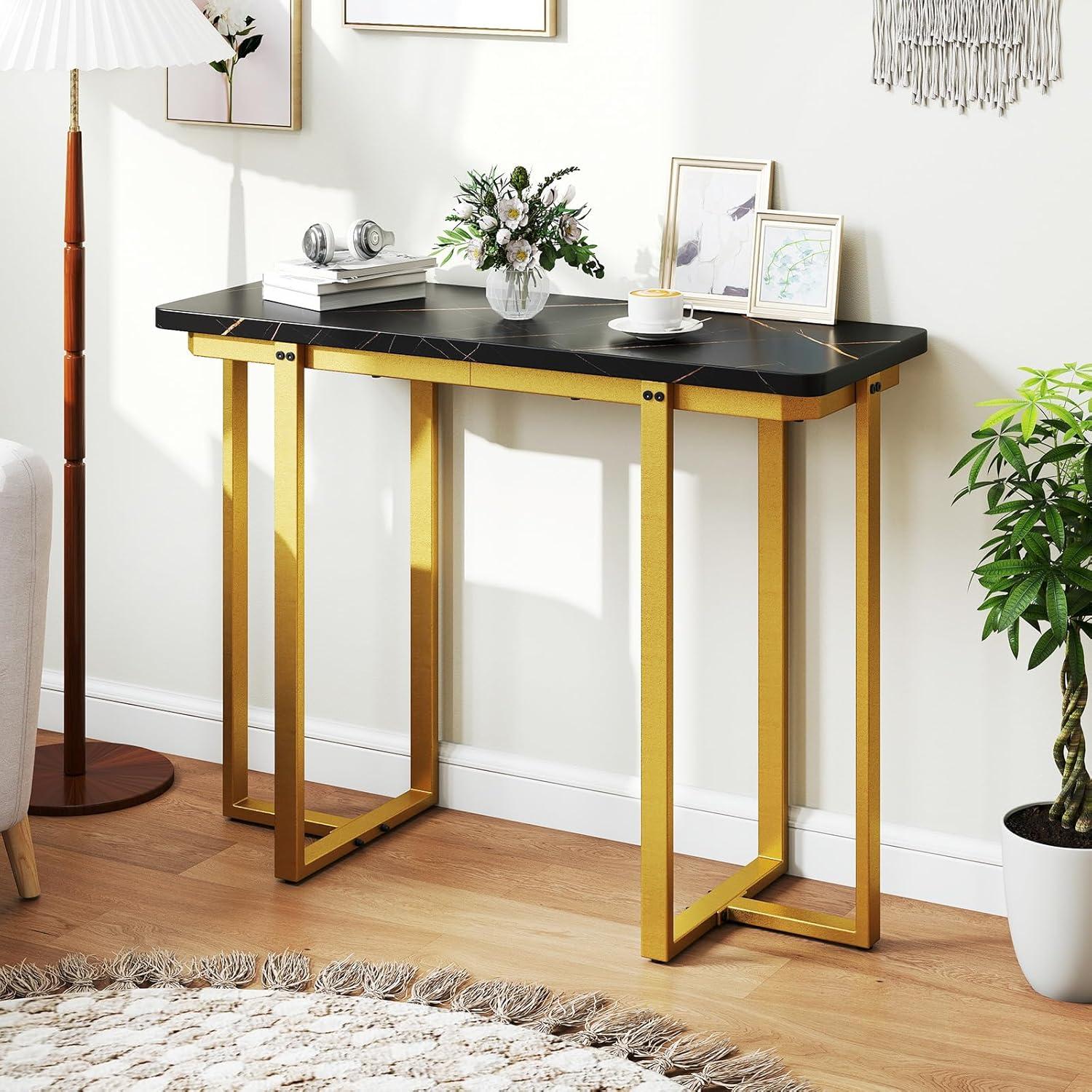 image:imageGiantex 42 Console Table Modern Faux Marble Entryway Table with Geometric Metal Frame Anti Slip Foot Pads Narrow Long Sofa Table Behind Couch for Living Room Hallway Foyer Entrance WhiteBlack