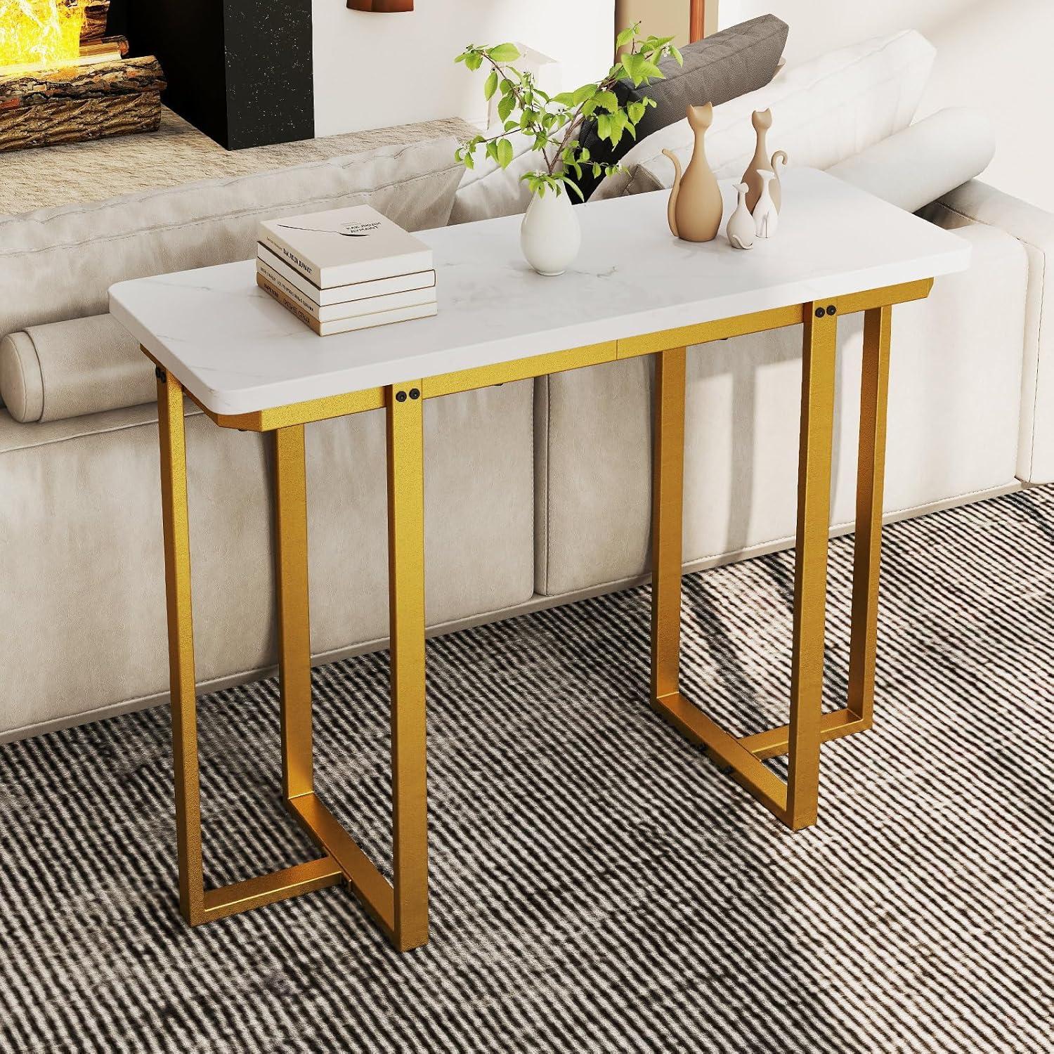 image:imageGiantex 42 Console Table Modern Faux Marble Entryway Table with Geometric Metal Frame Anti Slip Foot Pads Narrow Long Sofa Table Behind Couch for Living Room Hallway Foyer Entrance WhiteWhite