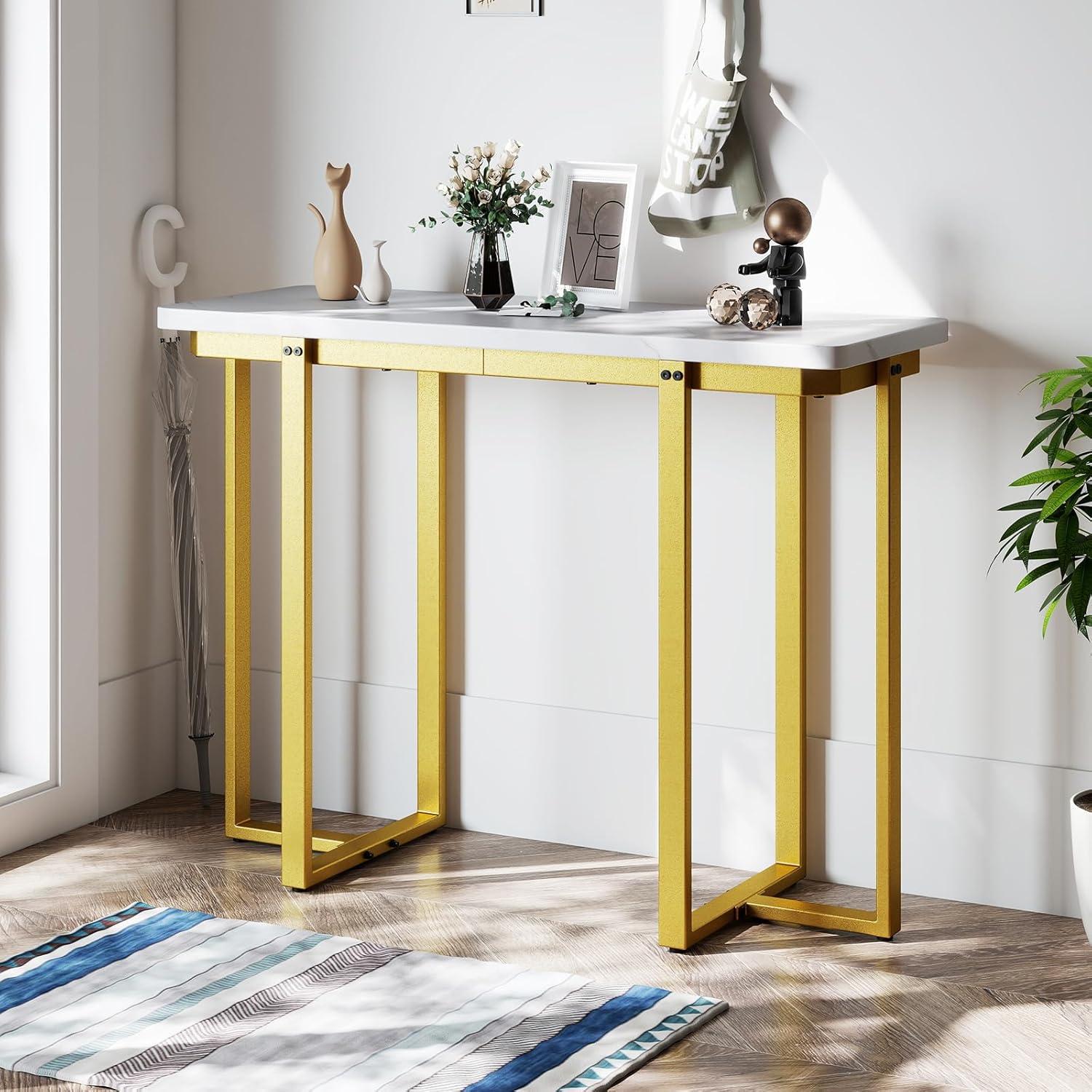 image:imageGiantex 42 Console Table Modern Faux Marble Entryway Table with Geometric Metal Frame Anti Slip Foot Pads Narrow Long Sofa Table Behind Couch for Living Room Hallway Foyer Entrance WhiteWhite