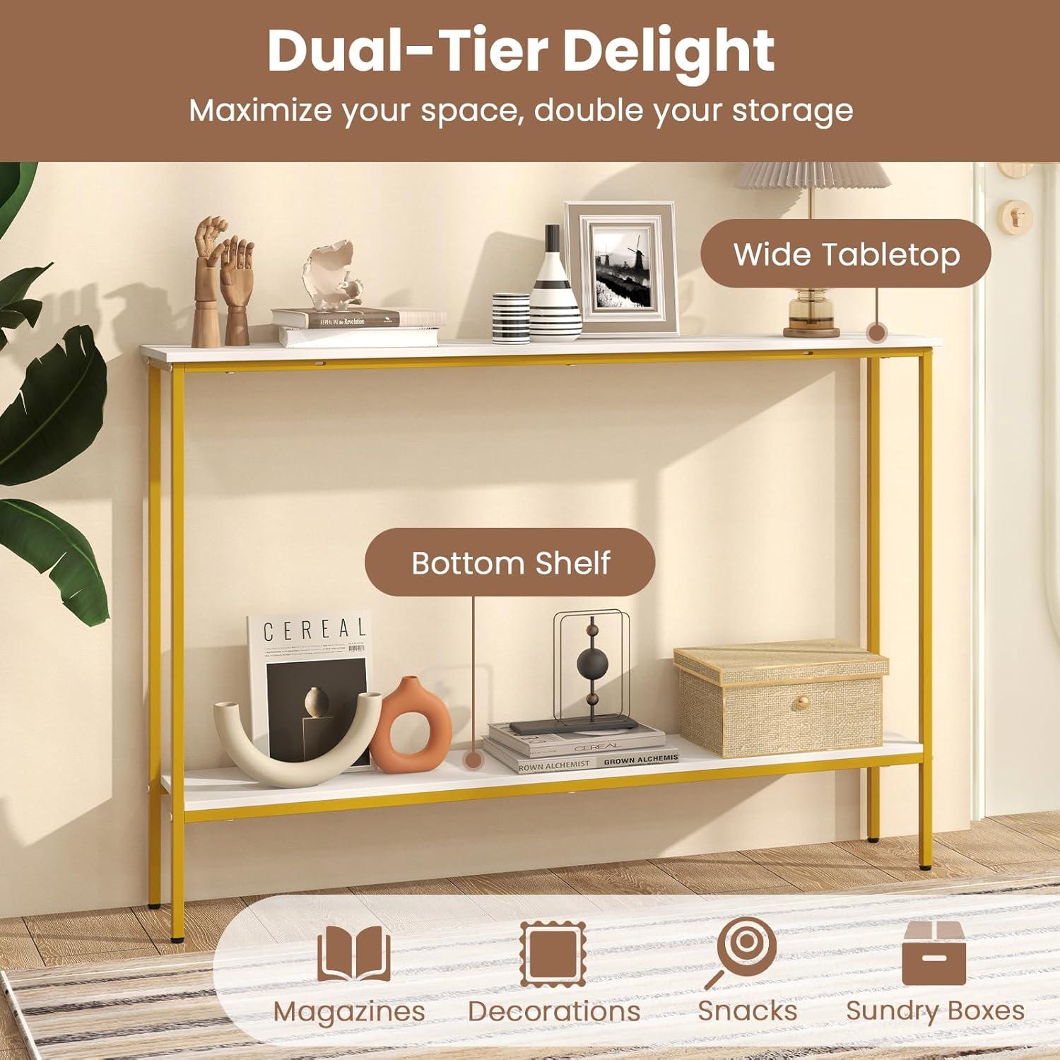 image:imageGiantex 44 Gold Console Table with Shelf Narrow Long Entryway Table with Dual AntiTipping Kits amp Metal Frame 2Tier Sofa Table Behind Couch Hallway Table for Living Room Entrance FoyerWhite Yellow