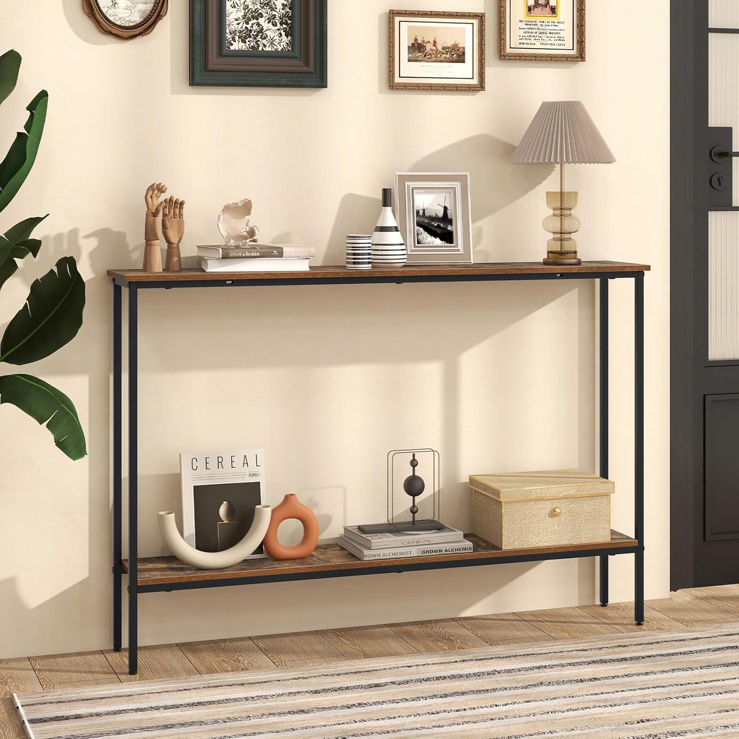 image:imageGiantex 44 Gold Console Table with Shelf Narrow Long Entryway Table with Dual AntiTipping Kits amp Metal Frame 2Tier Sofa Table Behind Couch Hallway Table for Living Room Entrance FoyerRustic Brown Black