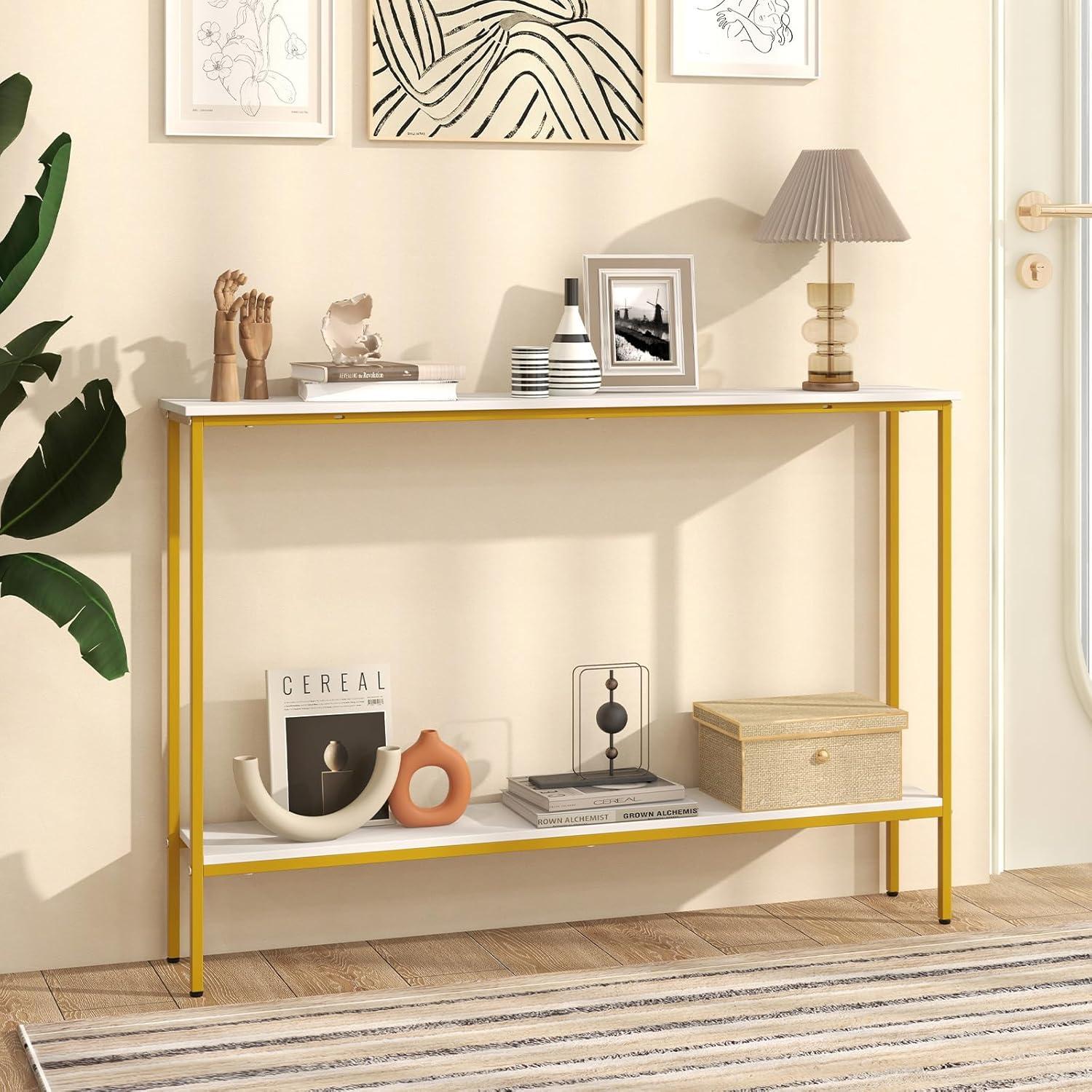 image:imageGiantex 44 Gold Console Table with Shelf Narrow Long Entryway Table with Dual AntiTipping Kits amp Metal Frame 2Tier Sofa Table Behind Couch Hallway Table for Living Room Entrance FoyerWhite Yellow