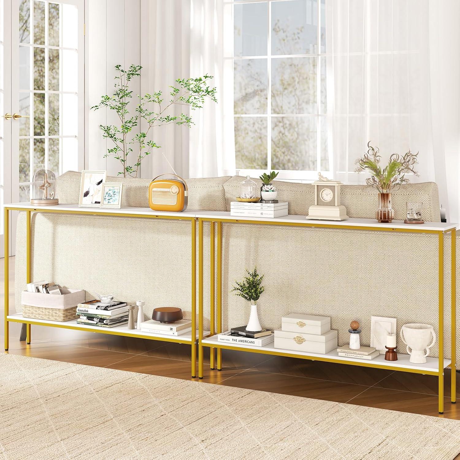 image:imageGiantex 44 Gold Console Table with Shelf Narrow Long Entryway Table with Dual AntiTipping Kits amp Metal Frame 2Tier Sofa Table Behind Couch Hallway Table for Living Room Entrance FoyerWhite Yellow