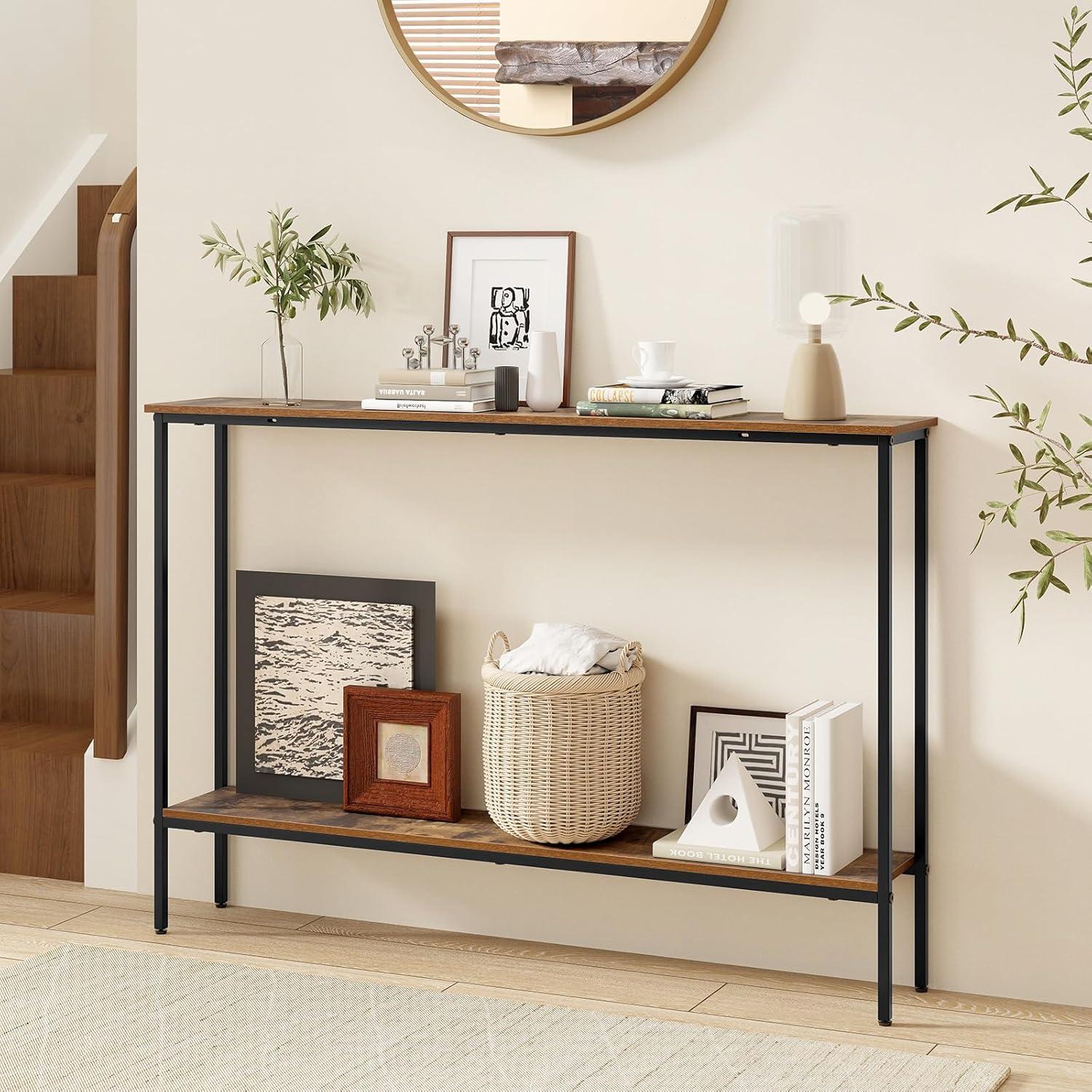 image:imageGiantex 44 Gold Console Table with Shelf Narrow Long Entryway Table with Dual AntiTipping Kits amp Metal Frame 2Tier Sofa Table Behind Couch Hallway Table for Living Room Entrance FoyerRustic Brown Black