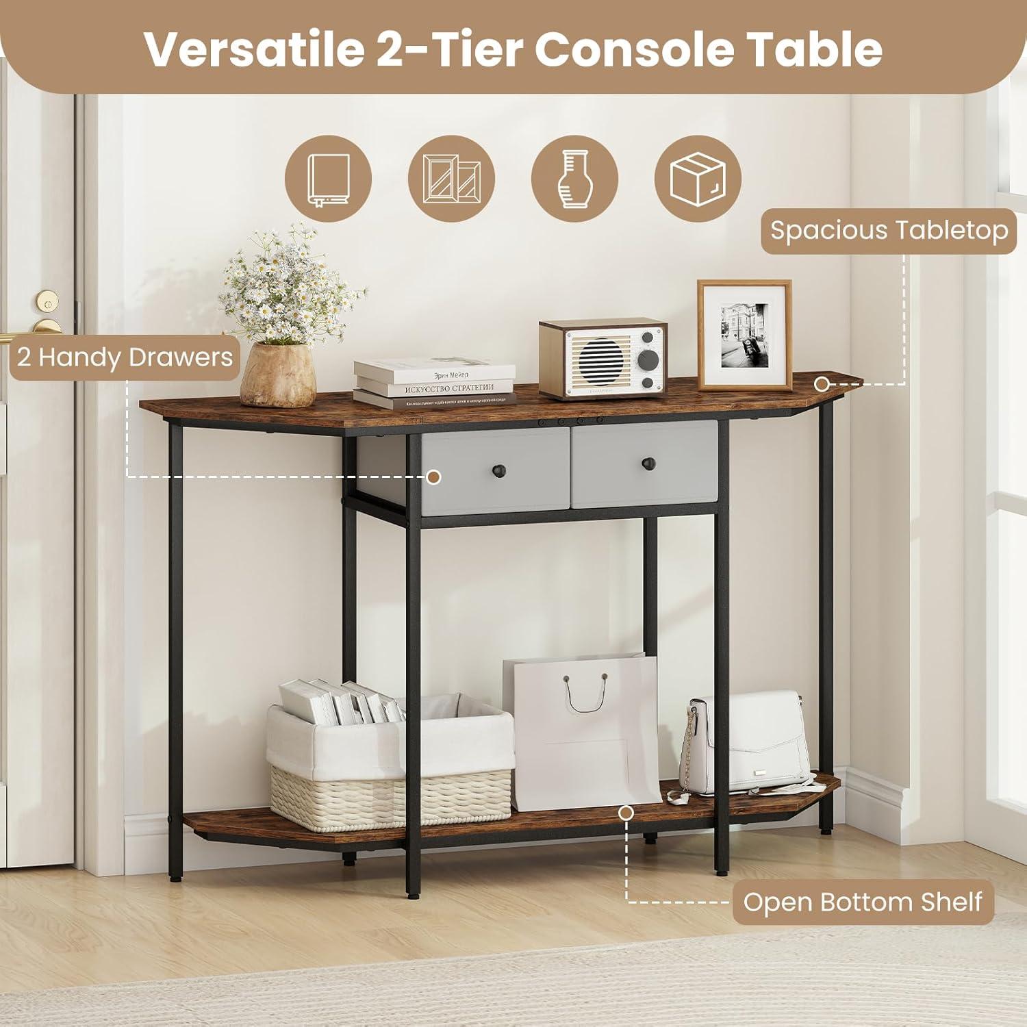 image:imageGiantex 51 Console Table with 2 Drawers 2Tier Narrow Entryway Table with Open Storage Shelf Hexagonal Freestanding Sofa Tables Behind Couch for Living Room Hallway Entrance Rustic Brown
