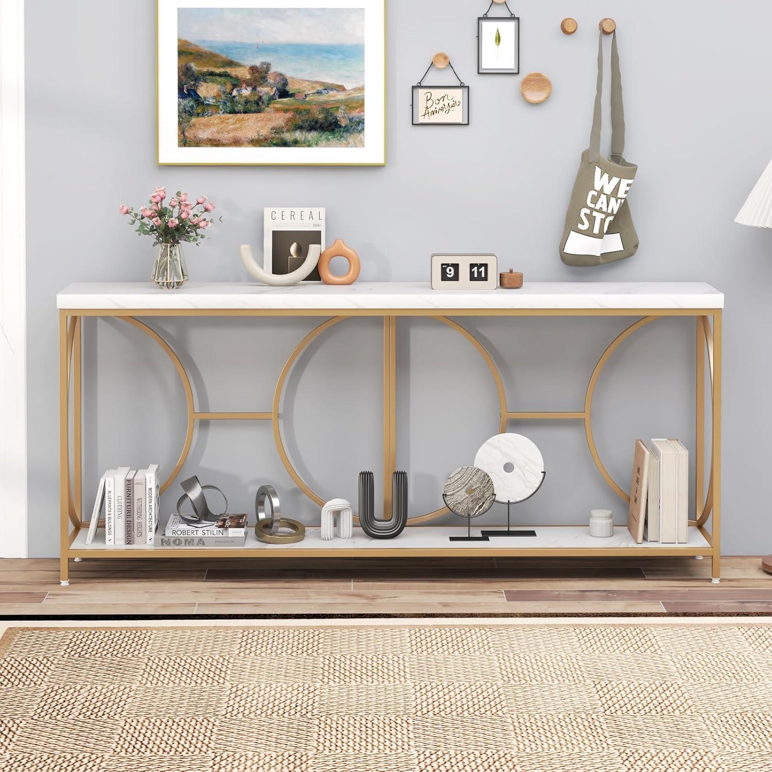 image:imageGiantex 71 Console Table 2Tier ExtraLong Gold Entryway Table wStorage Shelf Faux Marble Top Narrow Sofa Table with Geometric Frame Behind Couch Entry Table for Living Room Hallway FoyerStylish