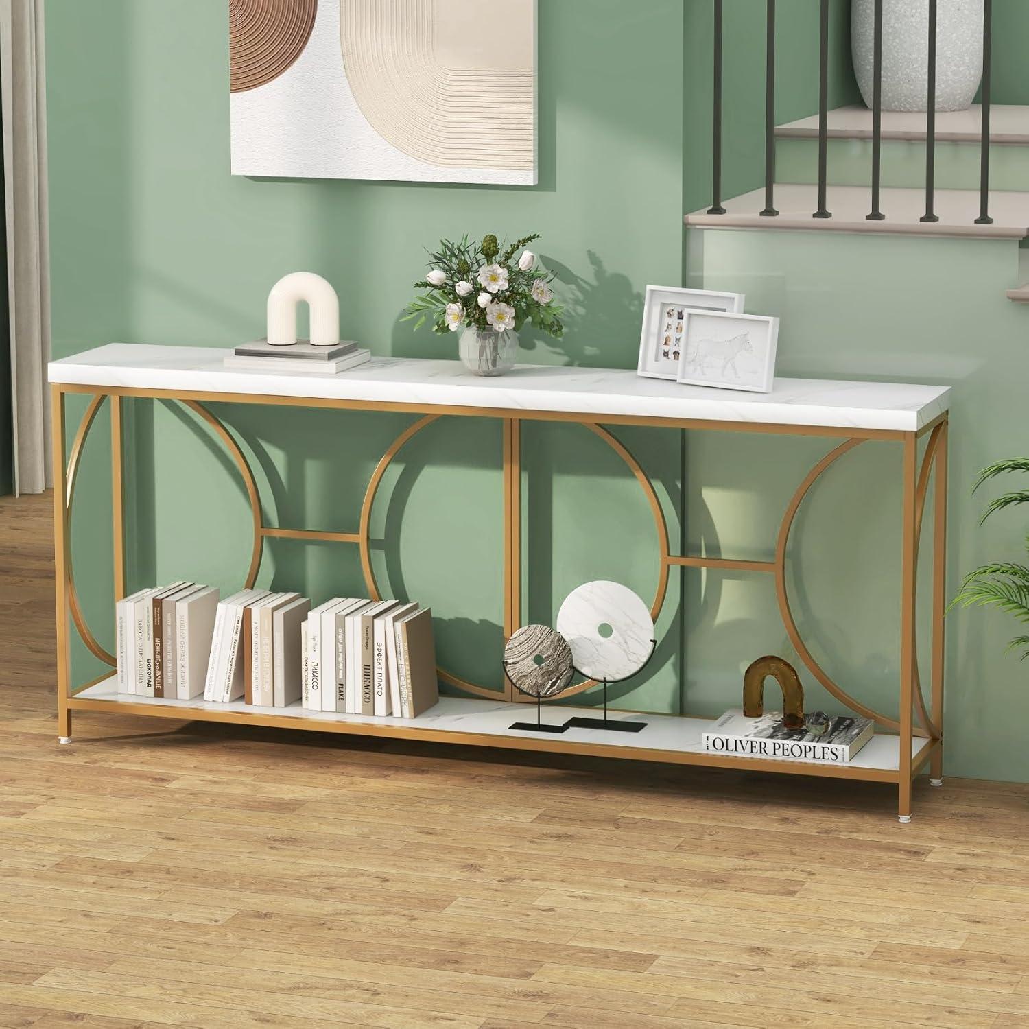 image:imageGiantex 71 Console Table 2Tier ExtraLong Gold Entryway Table wStorage Shelf Faux Marble Top Narrow Sofa Table with Geometric Frame Behind Couch Entry Table for Living Room Hallway FoyerStylish