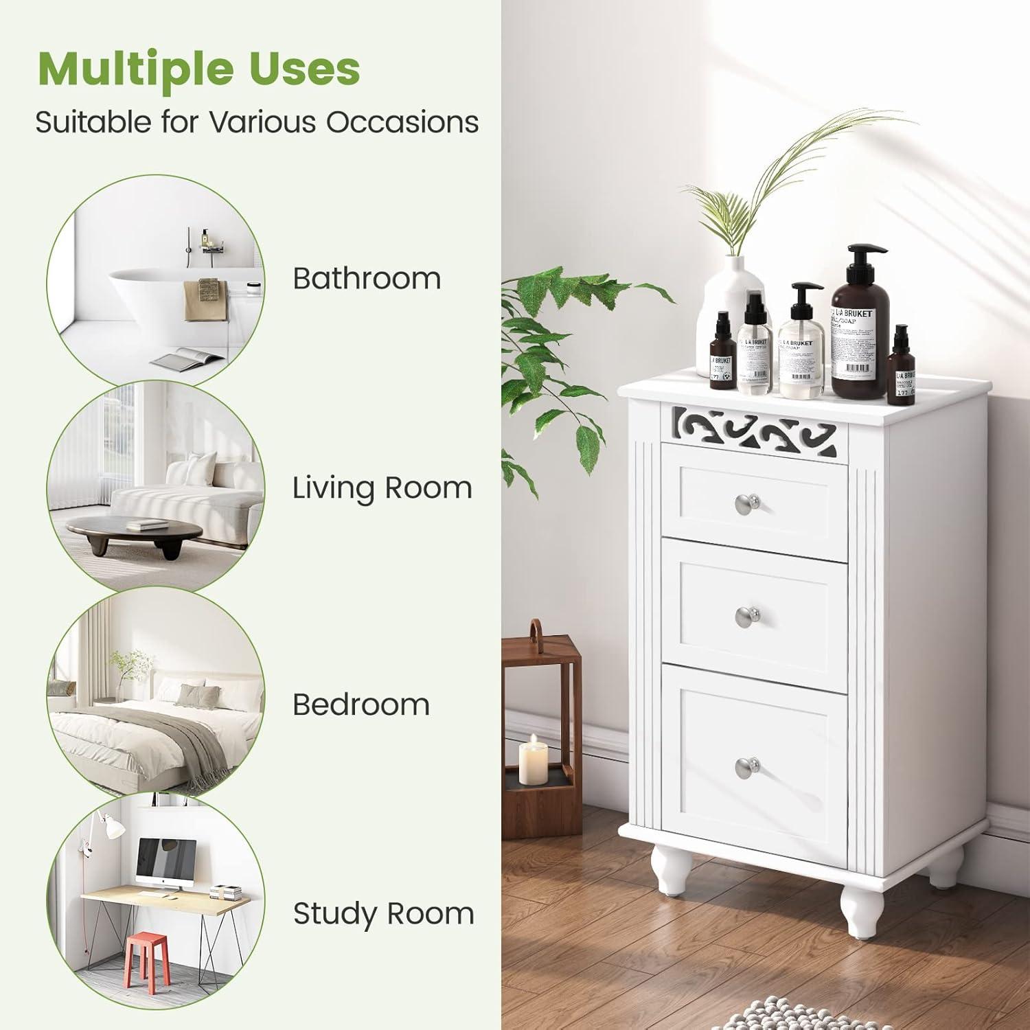 image:imageGiantex Bathroom Floor Cabinet Freestanding Storage Cabinet with 3 Drawers Solid Wood Legs Antitoppling Device Modern Nightstand Sofa Side Table for Living Room Bedroom Entryway White