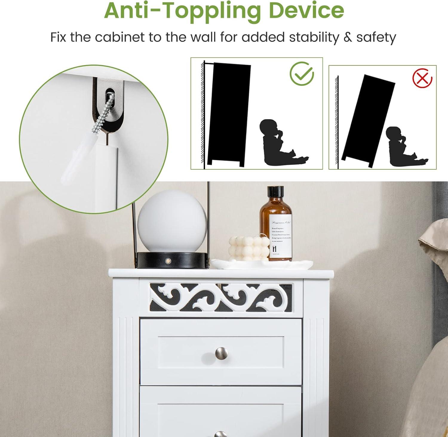 image:imageGiantex Bathroom Floor Cabinet Freestanding Storage Cabinet with 3 Drawers Solid Wood Legs Antitoppling Device Modern Nightstand Sofa Side Table for Living Room Bedroom Entryway White