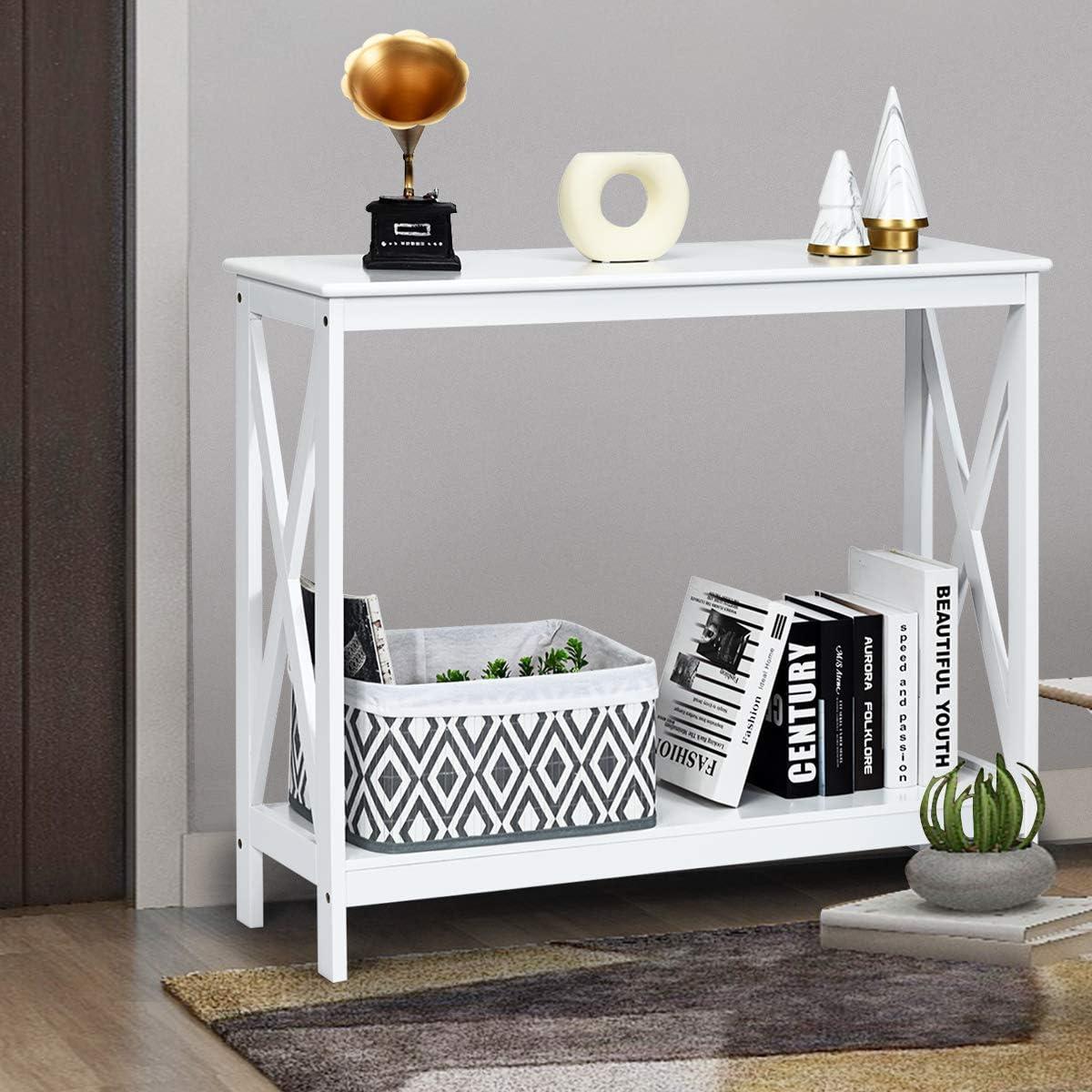 image:imageGiantex Console Table 2Tier with Storage ShelfXDesign Bookshelf Narrow Accent Table for Entryway Hallway Living Room Sofa Side Table WhiteWhite