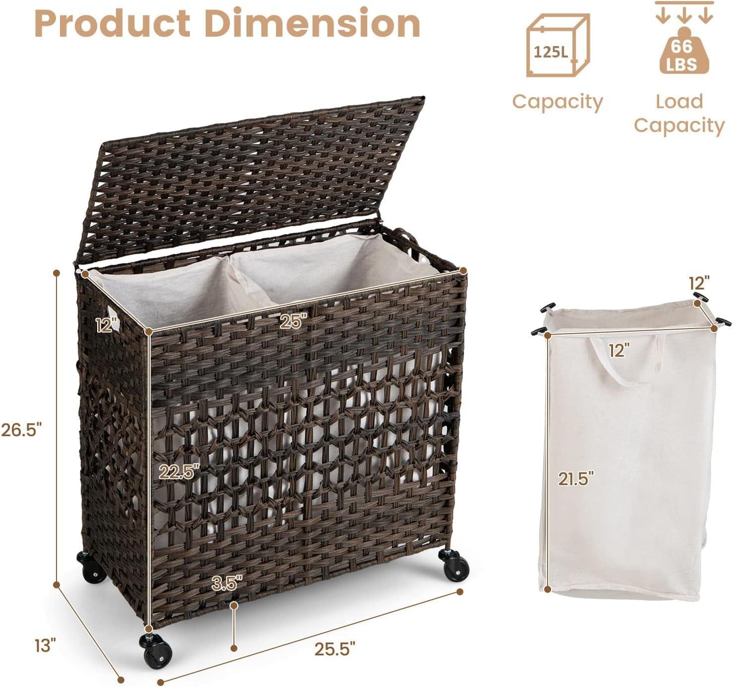 image:imageGiantex Laundry Hamper with Wheels and Lid 33 Gal 125L Wicker Laundry Basket 2 Removable Liner Bags Handles and Pulling Strap Synthetic Rattan Rolling Laundry Hamper Clothes StorageBrown