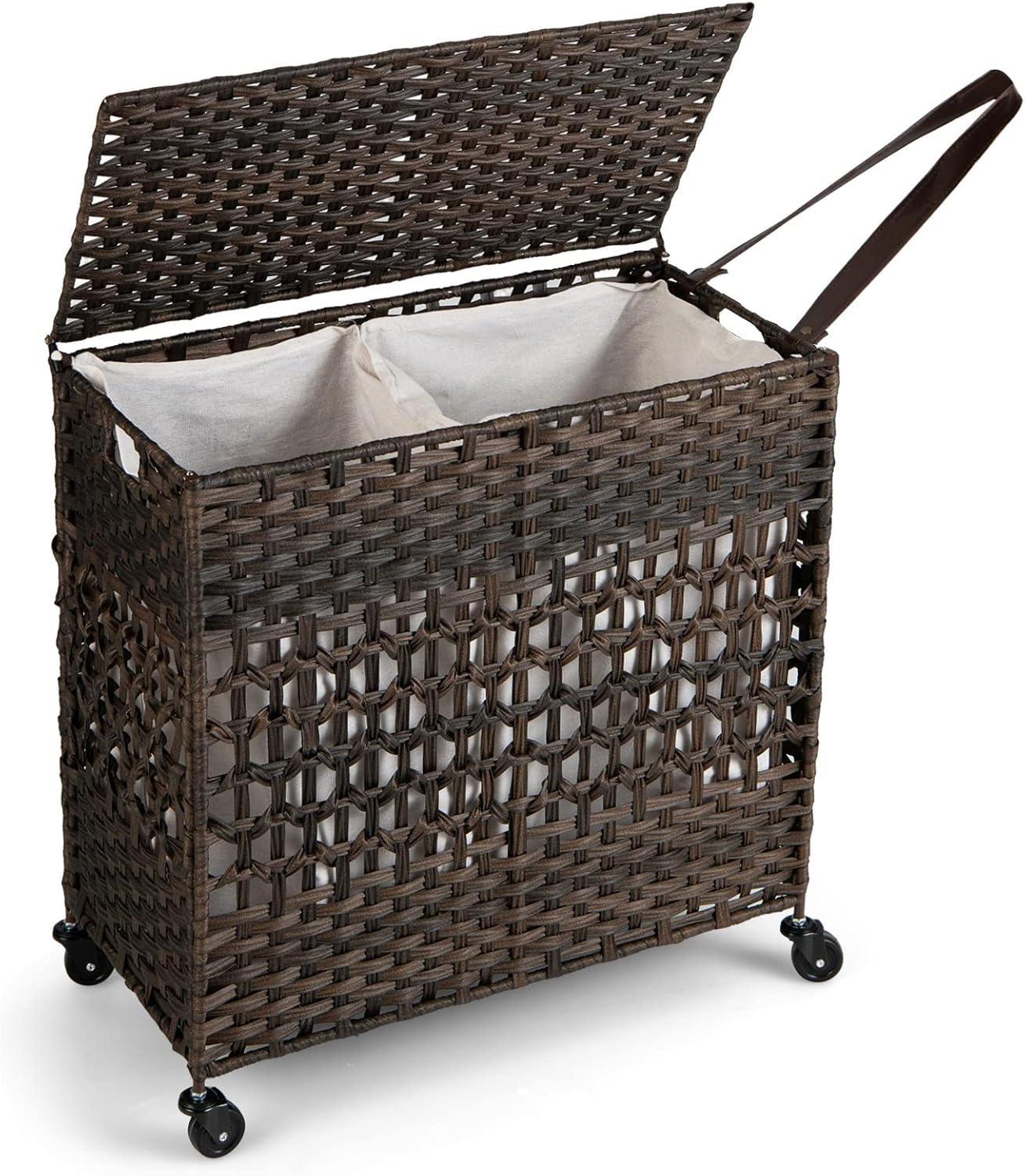 image:imageGiantex Laundry Hamper with Wheels and Lid 33 Gal 125L Wicker Laundry Basket 2 Removable Liner Bags Handles and Pulling Strap Synthetic Rattan Rolling Laundry Hamper Clothes StorageBrown