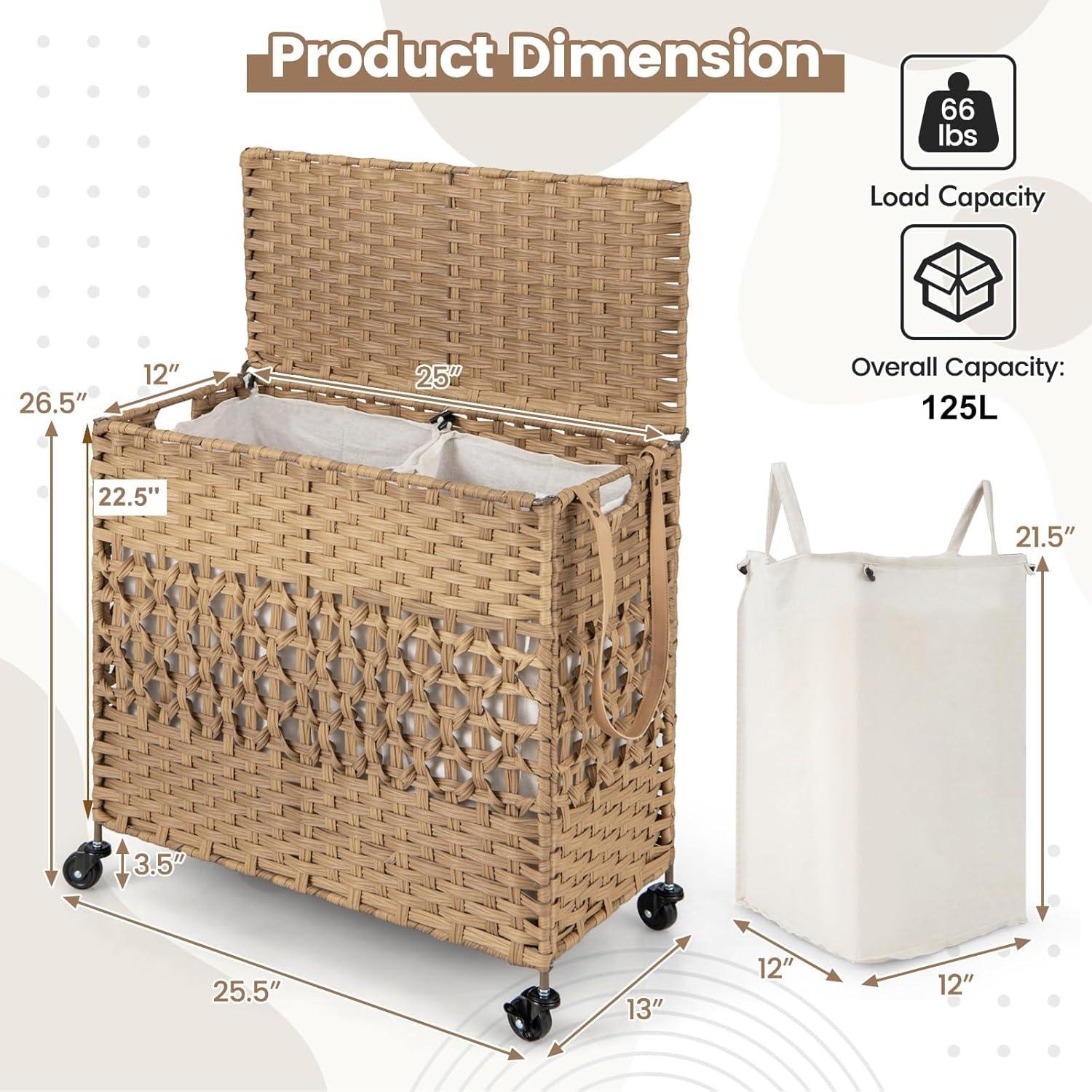 image:imageGiantex Laundry Hamper with Wheels and Lid 33 Gal 125L Wicker Laundry Basket 2 Removable Liner Bags Handles and Pulling Strap Synthetic Rattan Rolling Laundry Hamper Clothes StorageNatural