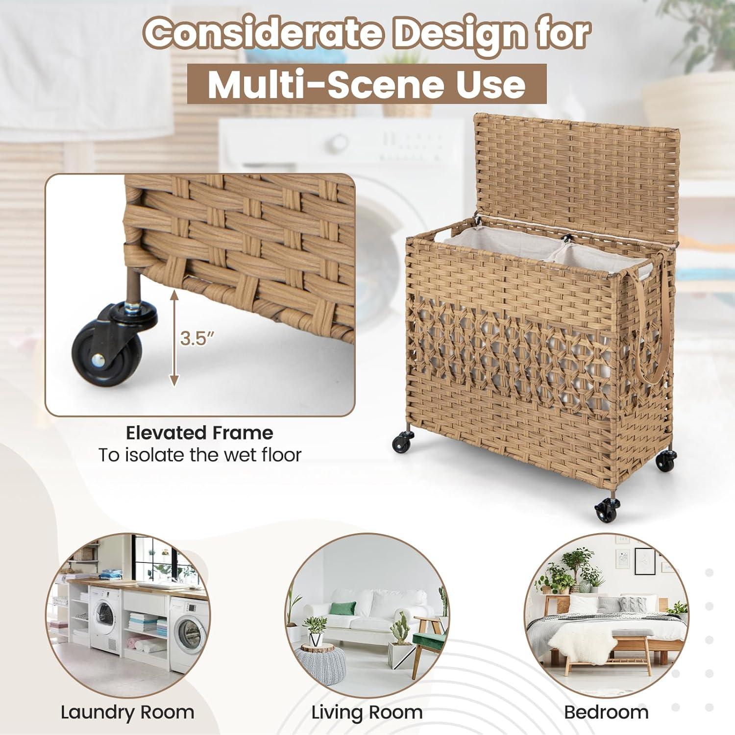 image:imageGiantex Laundry Hamper with Wheels and Lid 33 Gal 125L Wicker Laundry Basket 2 Removable Liner Bags Handles and Pulling Strap Synthetic Rattan Rolling Laundry Hamper Clothes StorageNatural