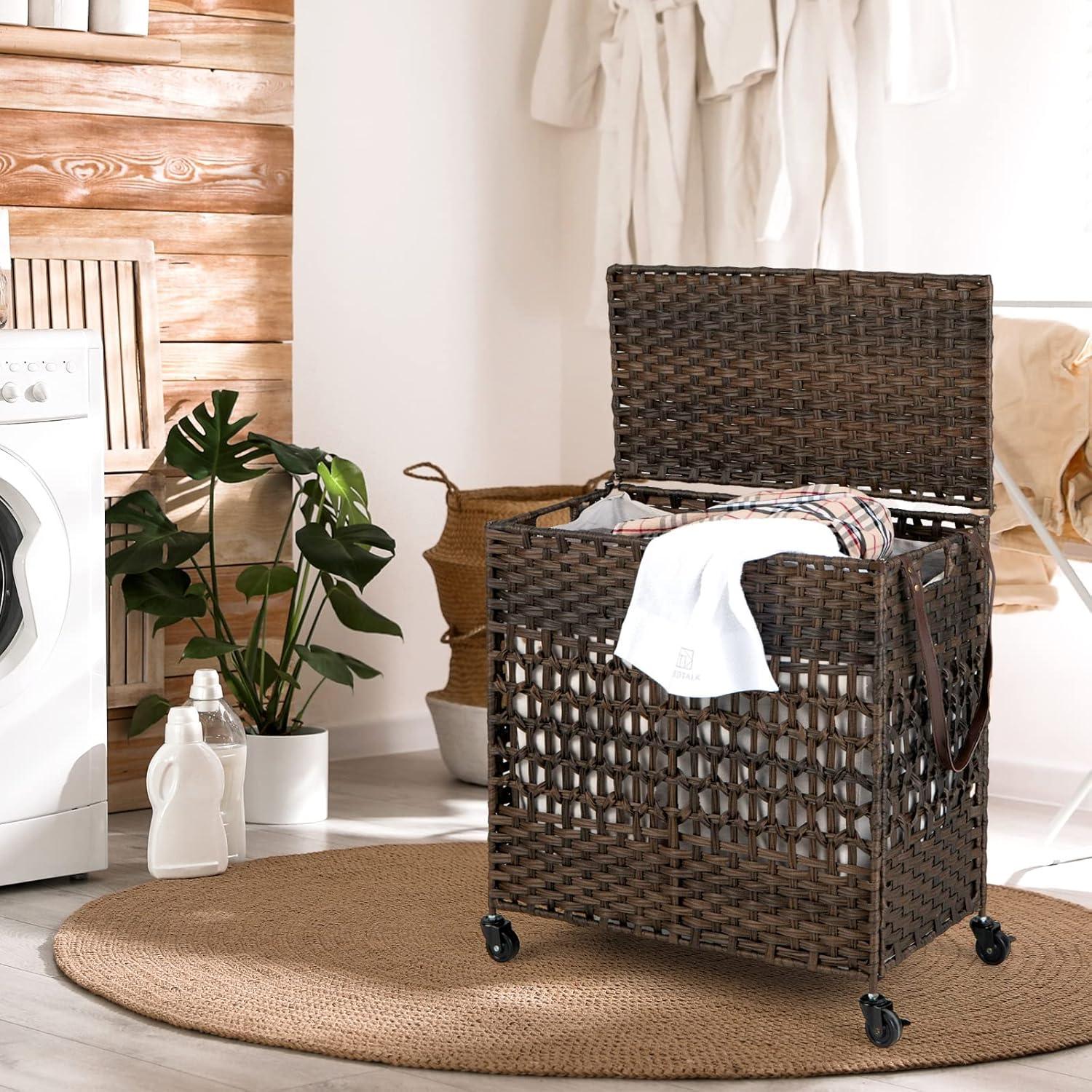 image:imageGiantex Laundry Hamper with Wheels and Lid 33 Gal 125L Wicker Laundry Basket 2 Removable Liner Bags Handles and Pulling Strap Synthetic Rattan Rolling Laundry Hamper Clothes StorageBrown