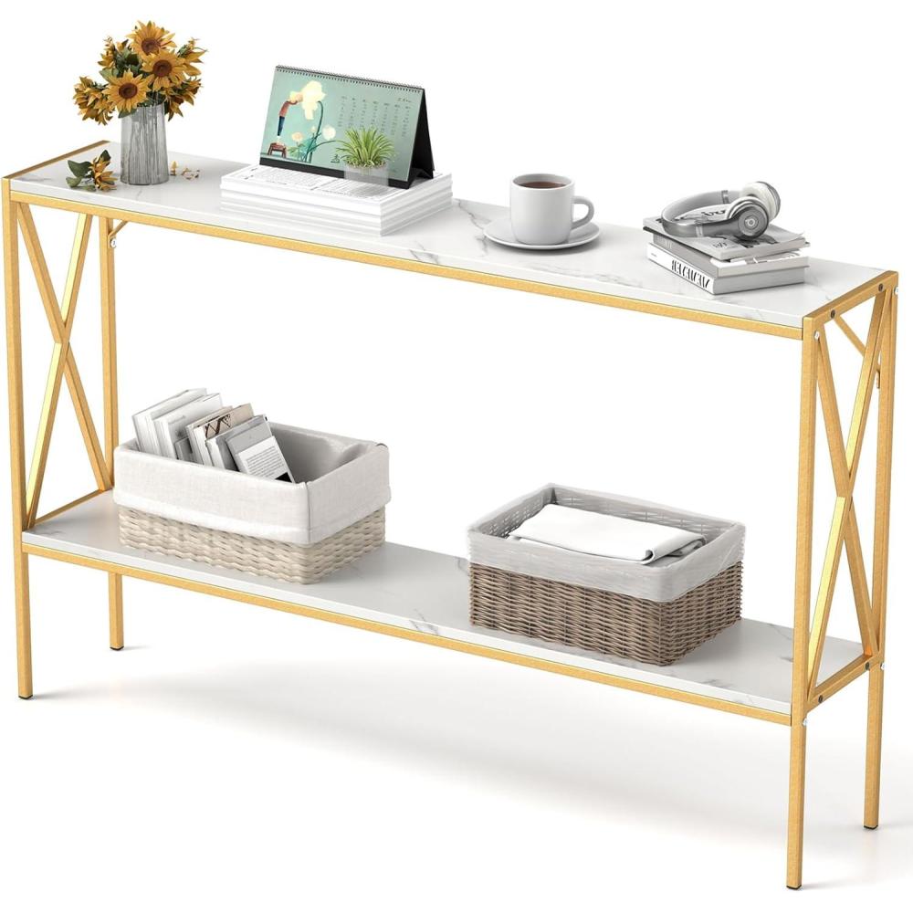 image:imageGiantex 47 Narrow Console Table 2Tier Industrial Entryway Table with Open Storage Shelves amp XShaped Metal Frame Faux Marble Sofa Table Behind Couch for Living Room Hallway Foyer OfficeGoldwhite