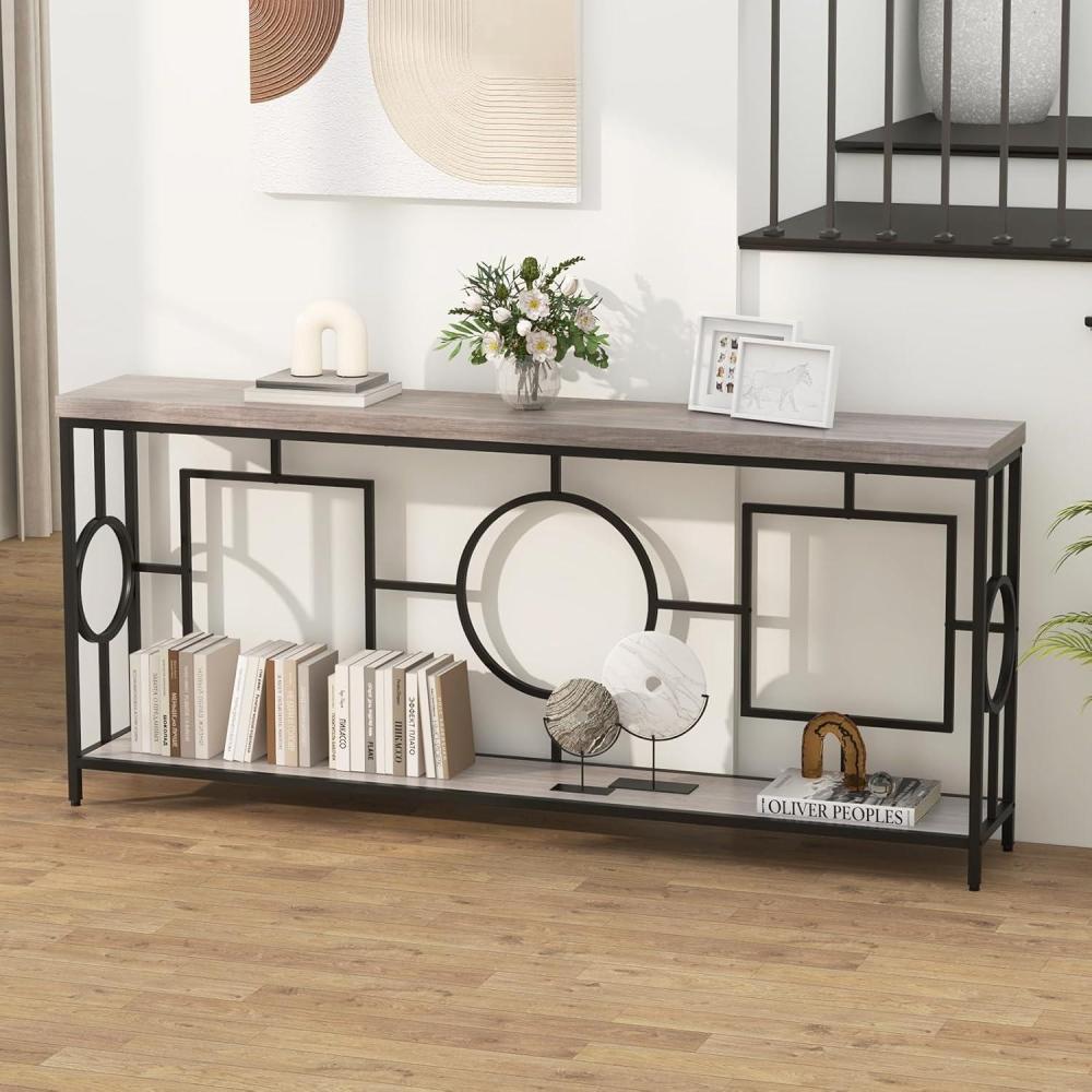 image:imageGiantex 71 Console Table 2Tier ExtraLong Gold Entryway Table wStorage Shelf Faux Marble Top Narrow Sofa Table with Geometric Frame Behind Couch Entry Table for Living Room Hallway FoyerModern