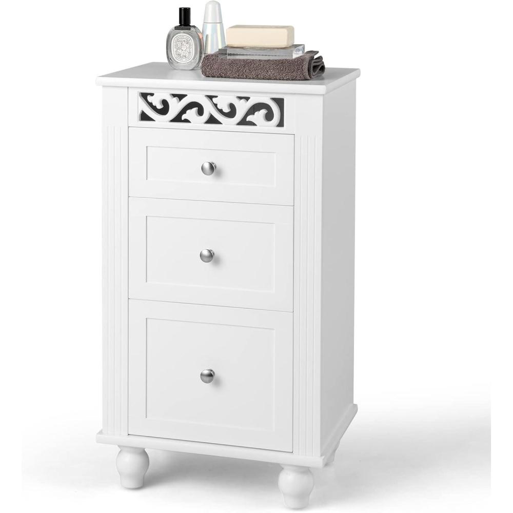 image:imageGiantex Bathroom Floor Cabinet Freestanding Storage Cabinet with 3 Drawers Solid Wood Legs Antitoppling Device Modern Nightstand Sofa Side Table for Living Room Bedroom Entryway White