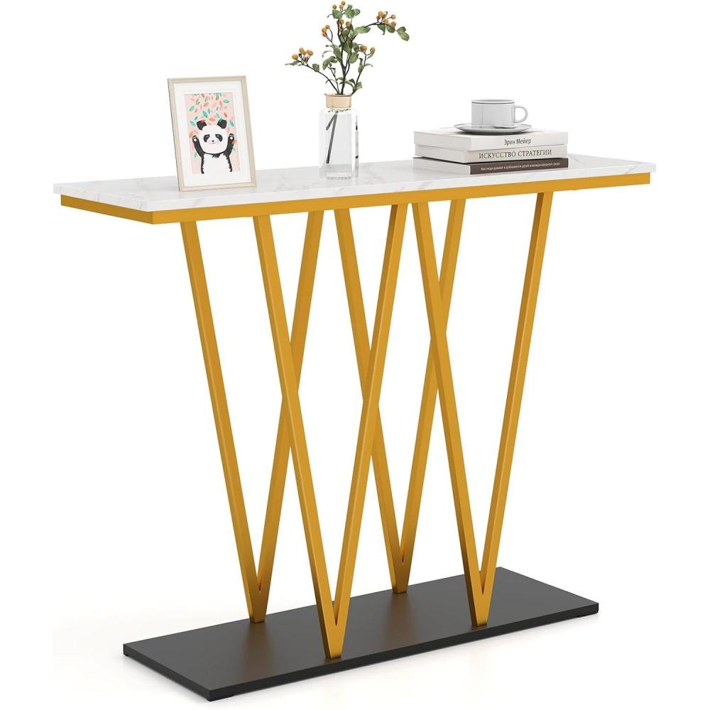 image:imageGiantex Gold Console Table 40 Entryway Table with Faux Marble Top amp Sturdy Metal Base Modern Accent Sofa Table for Entrance Living Room Hallway Foyer Decoration White