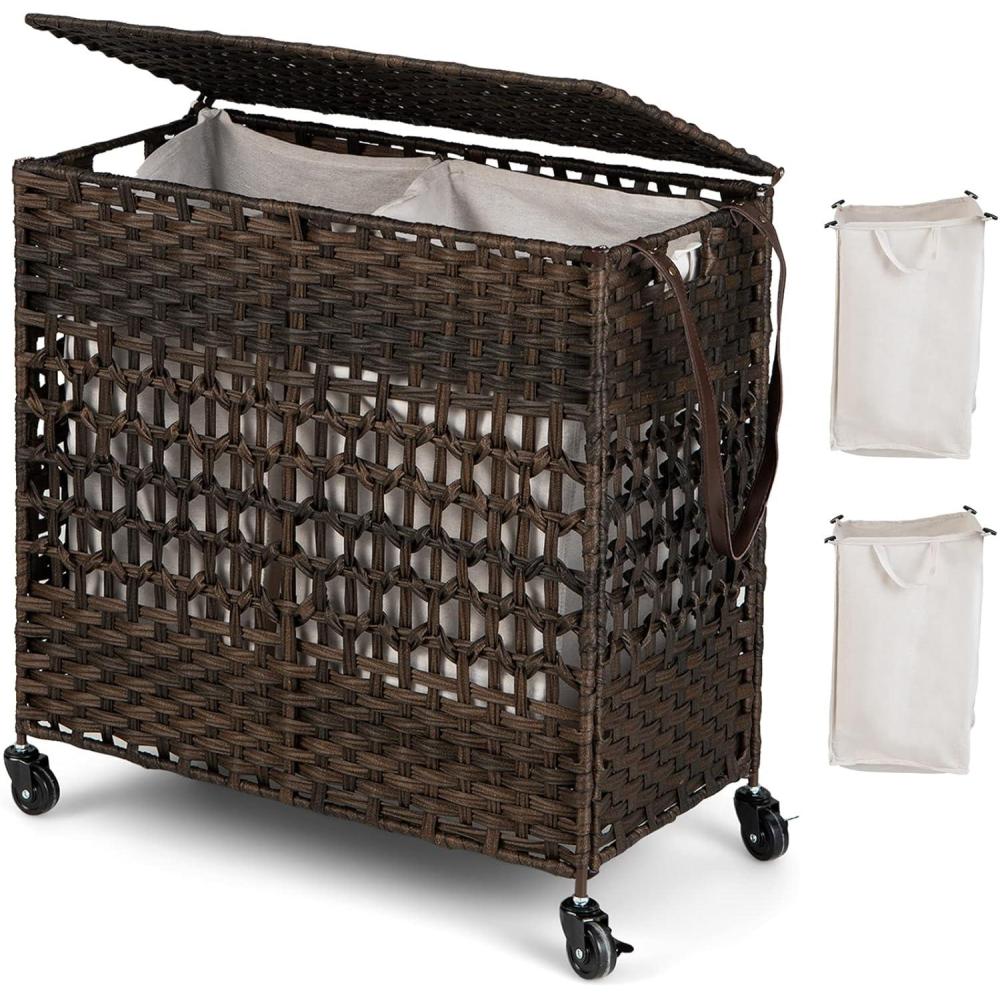 image:imageGiantex Laundry Hamper with Wheels and Lid 33 Gal 125L Wicker Laundry Basket 2 Removable Liner Bags Handles and Pulling Strap Synthetic Rattan Rolling Laundry Hamper Clothes StorageBrown