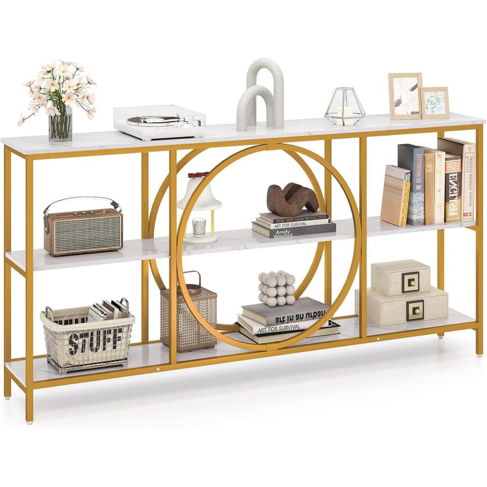 image:imageGiantex Narrow Long Console Table 3Tier Entryway Table with Faux Marble Top amp HeavyDuty Metal Frame MidCentury Accent Sofa Tables with Open Storage Shelves for Living Room HallwayWhiteGoldWhite Gold