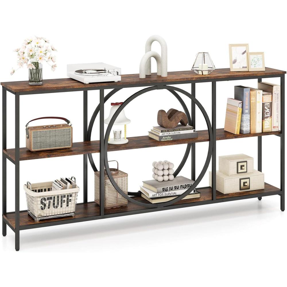 image:imageGiantex Narrow Long Console Table 3Tier Entryway Table with Faux Marble Top amp HeavyDuty Metal Frame MidCentury Accent Sofa Tables with Open Storage Shelves for Living Room HallwayWhiteGoldRustic Brown Black