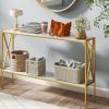 Giantex 47″ Narrow Console Table, 2-Tier Industrial Entryway Table with Open Storage Shelves & X-Shaped Metal Frame, Faux Marble Sofa Table Behind Couch for Living Room, Hallway, Foyer, Office(Gold+white)