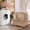Giantex Laundry Hamper with Wheels and Lid, 33 Gal (125L) Wicker Laundry Basket, 2 Removable Liner Bags, Handles and Pulling Strap, Synthetic Rattan Rolling Laundry Hamper Clothes Storage(Natural)