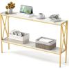 Giantex 47″ Narrow Console Table, 2-Tier Industrial Entryway Table with Open Storage Shelves & X-Shaped Metal Frame, Faux Marble Sofa Table Behind Couch for Living Room, Hallway, Foyer, Office(Gold+white)