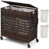 Giantex Laundry Hamper with Wheels and Lid, 33 Gal (125L) Wicker Laundry Basket, 2 Removable Liner Bags, Handles and Pulling Strap, Synthetic Rattan Rolling Laundry Hamper Clothes Storage(Brown)