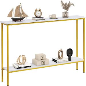 Giantex 44″ Gold Console Table with Shelf, Narrow Long Entryway Table with Dual Anti-Tipping Kits & Metal Frame, 2-Tier Sofa Table Behind Couch, Hallway Table for Living Room, Entrance, Foyer(White & Yellow)