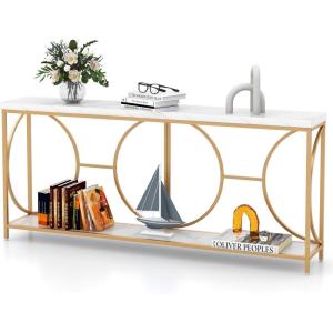 Giantex 71″ Console Table, 2-Tier Extra-Long Gold Entryway Table w/Storage Shelf, Faux Marble Top, Narrow Sofa Table with Geometric Frame, Behind Couch Entry Table for Living Room, Hallway, Foyer(Stylish)