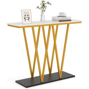 Giantex Gold Console Table, 40” Entryway Table with Faux Marble Top & Sturdy Metal Base, Modern Accent Sofa Table for Entrance, Living Room, Hallway, Foyer Decoration, White