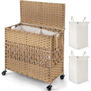 Giantex Laundry Hamper with Wheels and Lid, 33 Gal (125L) Wicker Laundry Basket, 2 Removable Liner Bags, Handles and Pulling Strap, Synthetic Rattan Rolling Laundry Hamper Clothes Storage(Natural)
