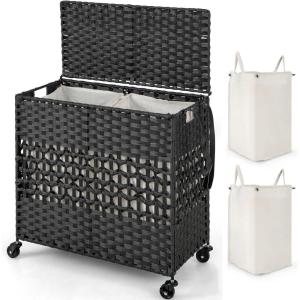 Giantex Laundry Hamper with Wheels and Lid, 33 Gal (125L) Wicker Laundry Basket, 2 Removable Liner Bags, Handles and Pulling Strap, Synthetic Rattan Rolling Laundry Hamper Clothes Storage(Black)