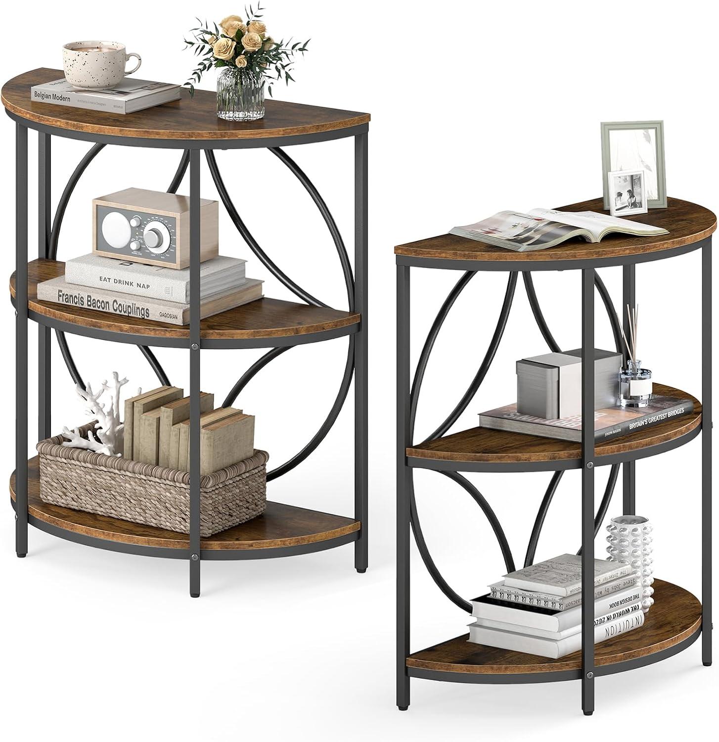 image:imageGiantex Half Round End Table 3Tier Narrow Side Table wStudy Metal Frame amp Storage Shelves Half Moon Circle Accent Bedside Night Stand for Living Room Bedroom Small Spaces Grey1Rustic Brown