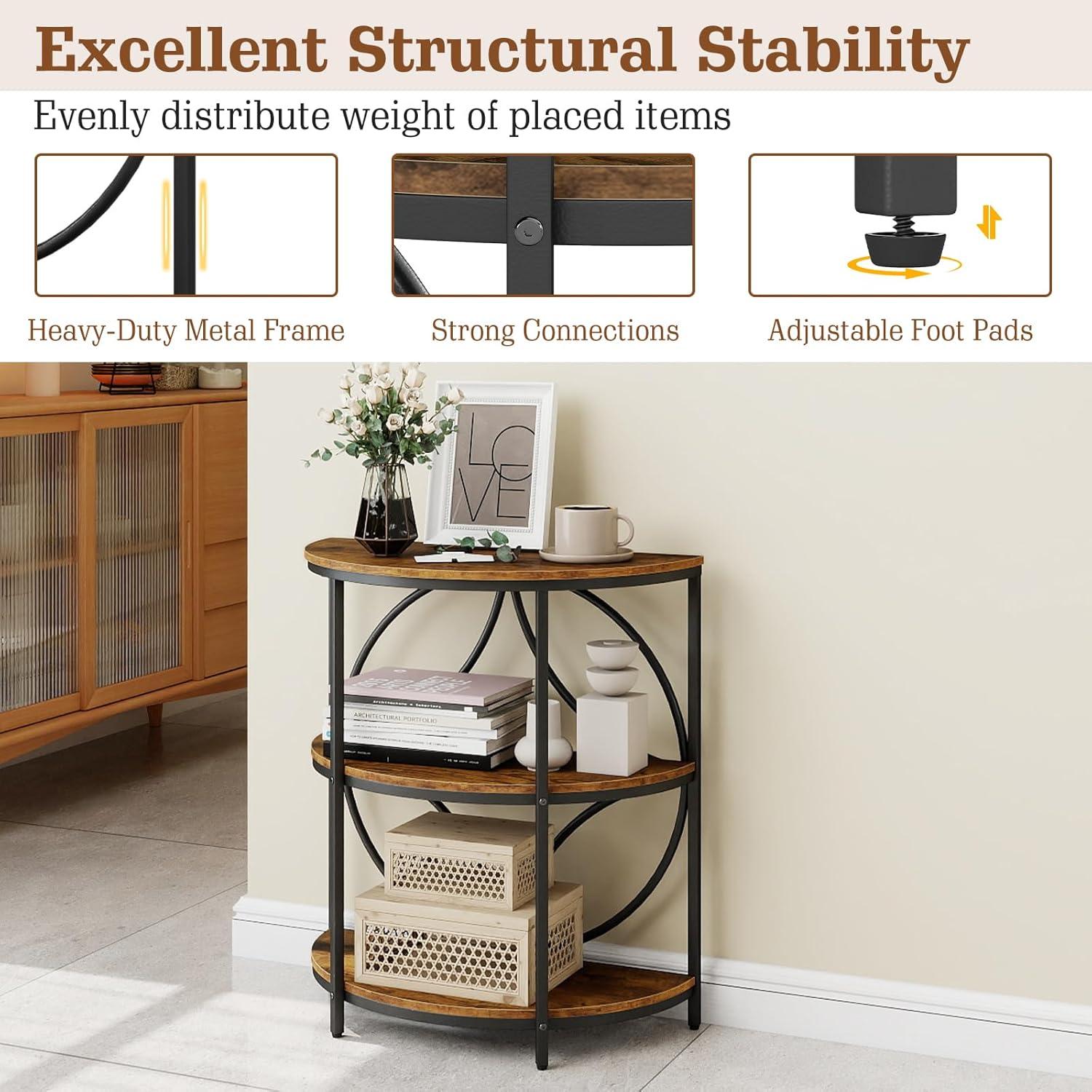image:imageGiantex Half Round End Table 3Tier Narrow Side Table wStudy Metal Frame amp Storage Shelves Half Moon Circle Accent Bedside Night Stand for Living Room Bedroom Small Spaces Grey1Rustic Brown