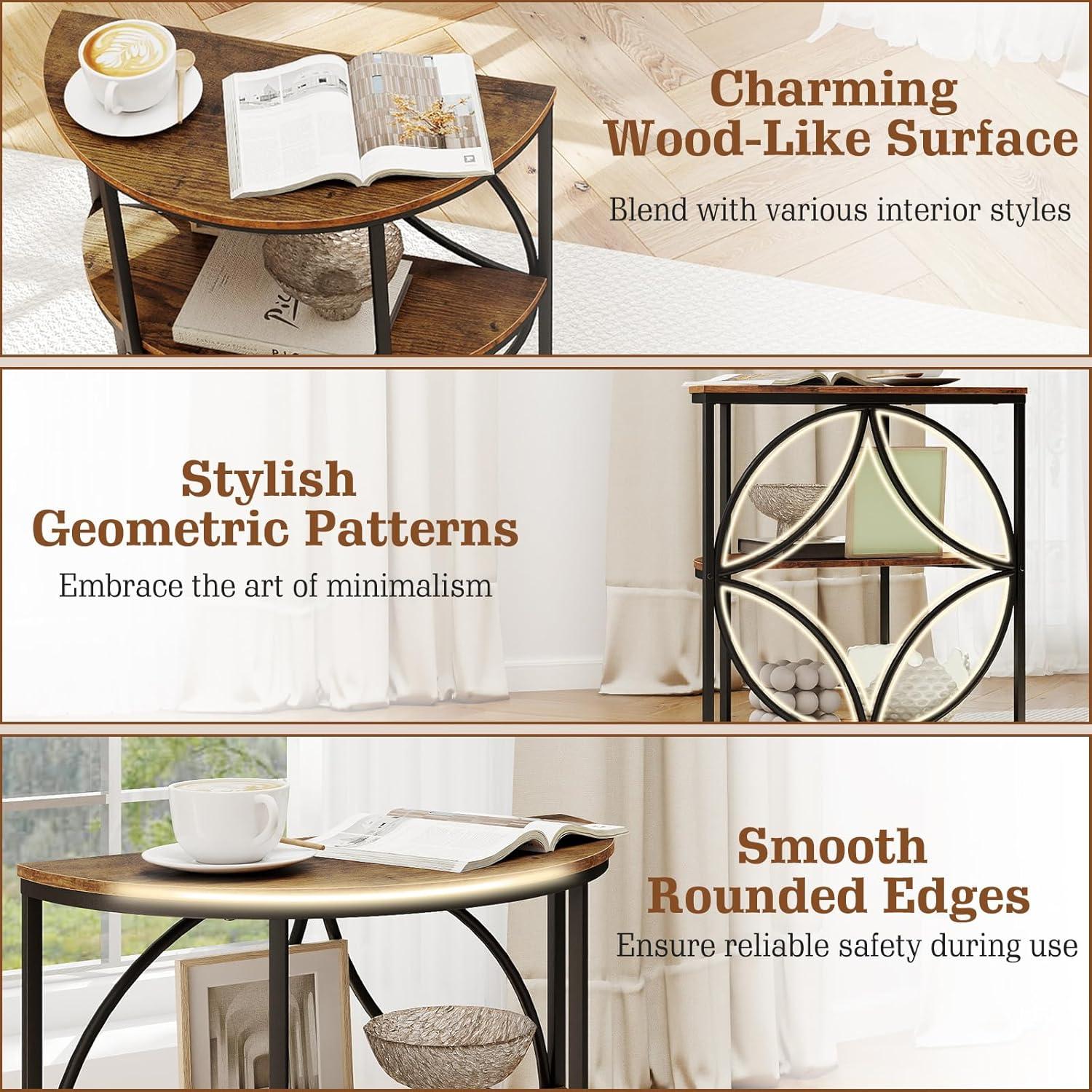 image:imageGiantex Half Round End Table 3Tier Narrow Side Table wStudy Metal Frame amp Storage Shelves Half Moon Circle Accent Bedside Night Stand for Living Room Bedroom Small Spaces Grey1Rustic Brown