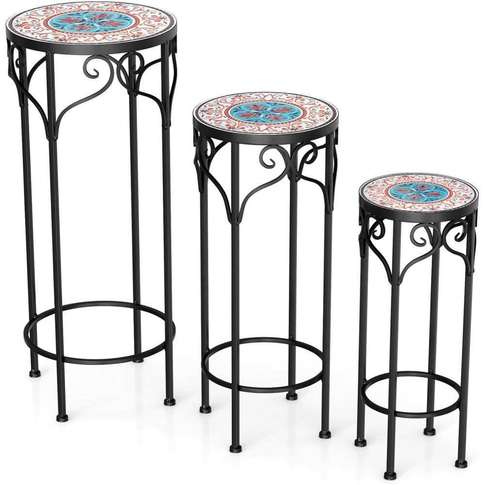 image:imageGiantex Metal Plant Stand Set of 3 28 Mosaic Tall Flower Stand with Ceramic Top Round Tile Nesting Display Side Table Indoor Outdoor Flower Holder for Wedding Party Patio Living Room