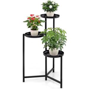 Giantex 3-Tier Metal Plant Stand Indoor Outdoor, Tall Corner Flower Pot Holder Display Rack for Living Room Balcony Patio Garden Office, Heavy Duty Vertical Shelf, Metal Plant Rack Organizer, Black