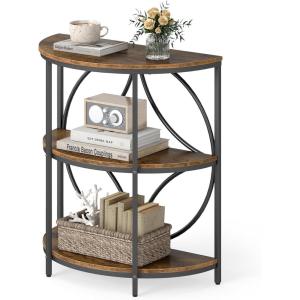 Giantex Half Round End Table, 3-Tier Narrow Side Table w/Study Metal Frame & Storage Shelves, Half Moon Circle Accent Bedside Night Stand for Living Room Bedroom Small Spaces (Grey,1)(Rustic Brown)