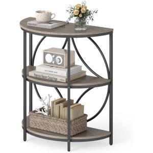 Giantex Half Round End Table, 3-Tier Narrow Side Table w/Study Metal Frame & Storage Shelves, Half Moon Circle Accent Bedside Night Stand for Living Room Bedroom Small Spaces (Grey,1)(Grey)