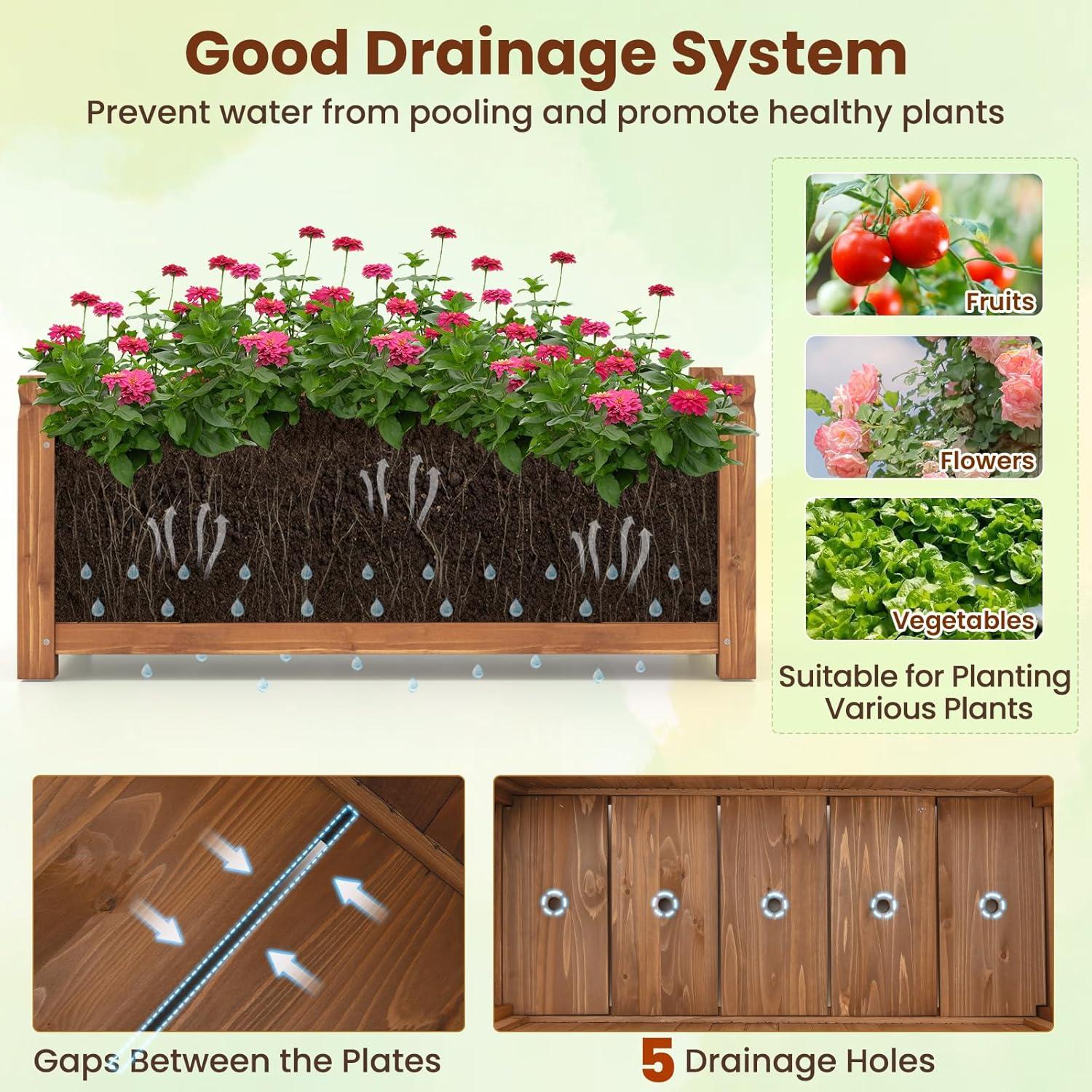 image:imageGiantex Wooden Raised Garden Bed w 5 Drainage Holes Elevated Rectangular Outdoor Planter Box for Flowers Herbs Vegetables Wood Gardening Container for Patio Garden Yard Balcony 36 x 16 x 152