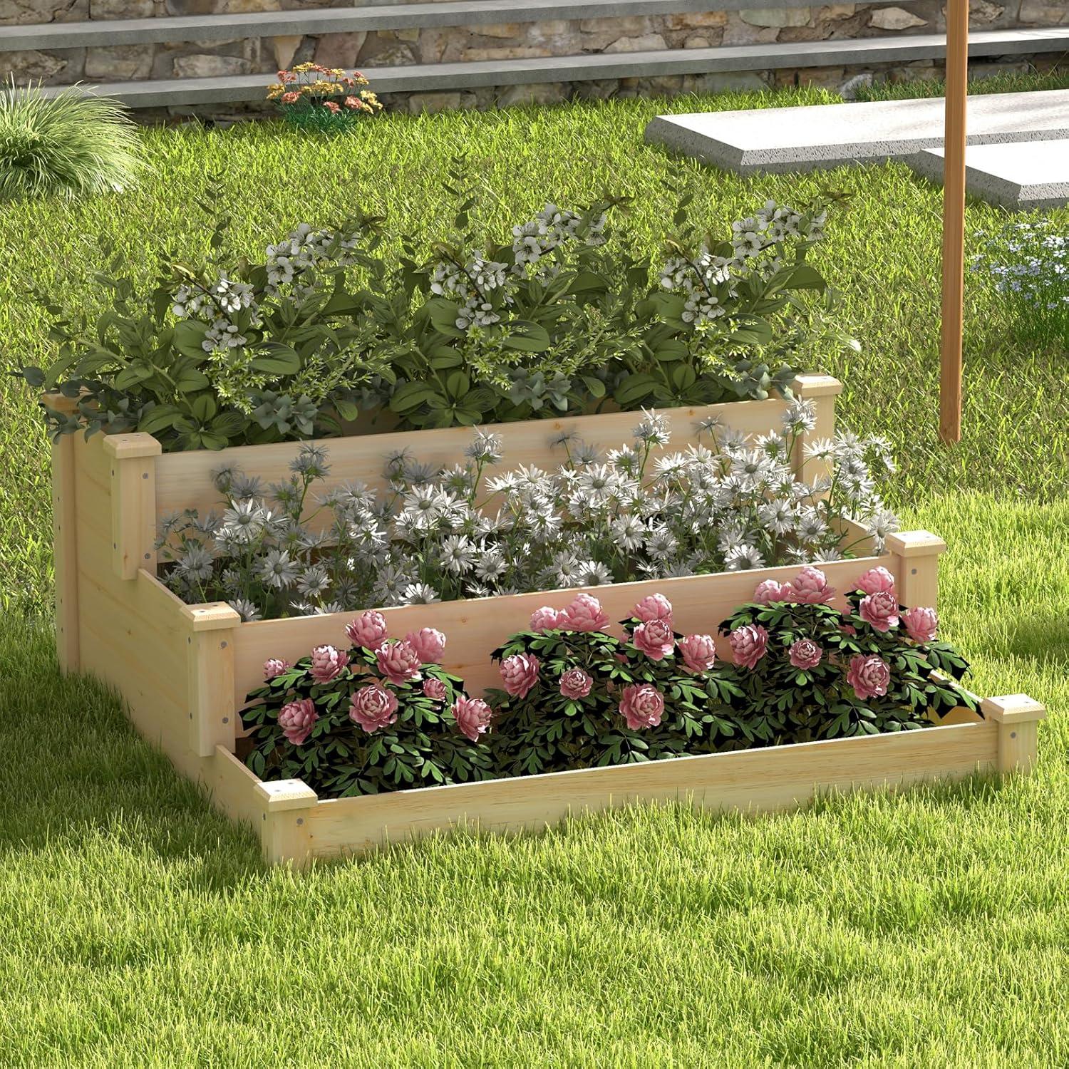 image:imageGiantex 3Tier Raised Garden Bed Tiered Planter Box wOpenEnded Base Fir Wood Elevated Raised Beds for Gardening Vegetable Flower Herb Fruit Perfect for Patio Lawn Backyard47Lx47Wx22H