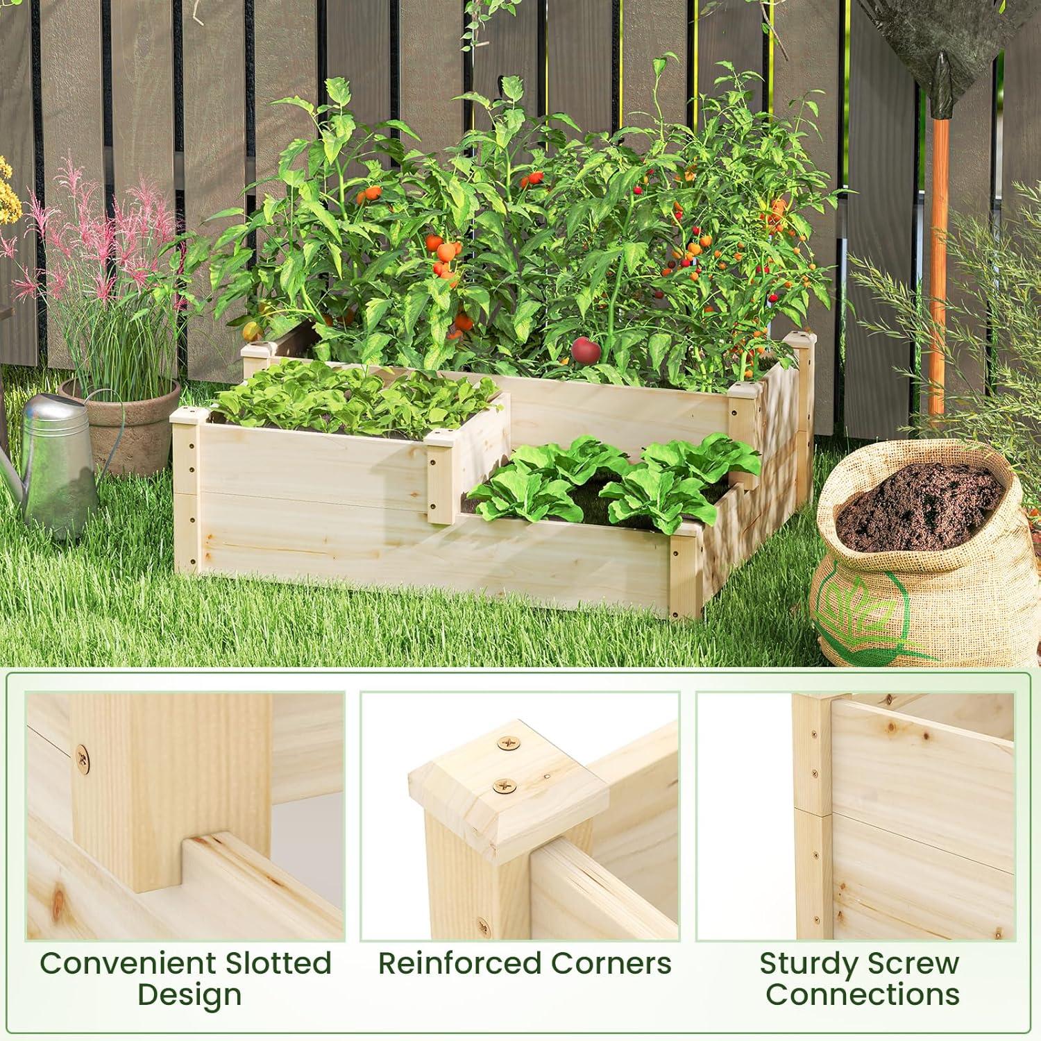 image:imageGiantex 3Tier Raised Garden Bed Tiered Planter Box wOpenEnded Base Fir Wood Elevated Raised Beds for Gardening Vegetable Flower Herb Fruit Perfect for Patio Lawn Backyard43Lx35Wx145H