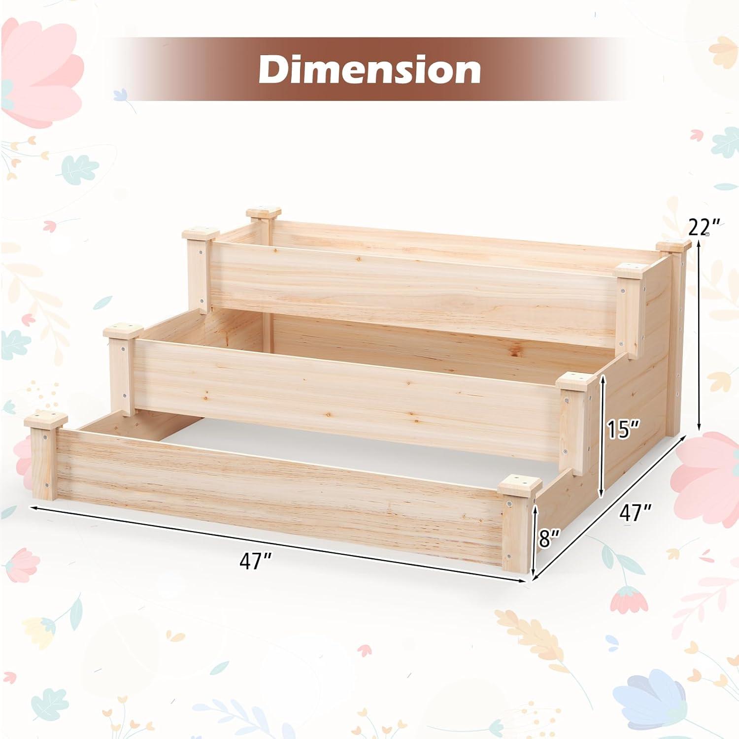 image:imageGiantex 3Tier Raised Garden Bed Tiered Planter Box wOpenEnded Base Fir Wood Elevated Raised Beds for Gardening Vegetable Flower Herb Fruit Perfect for Patio Lawn Backyard47Lx47Wx22H
