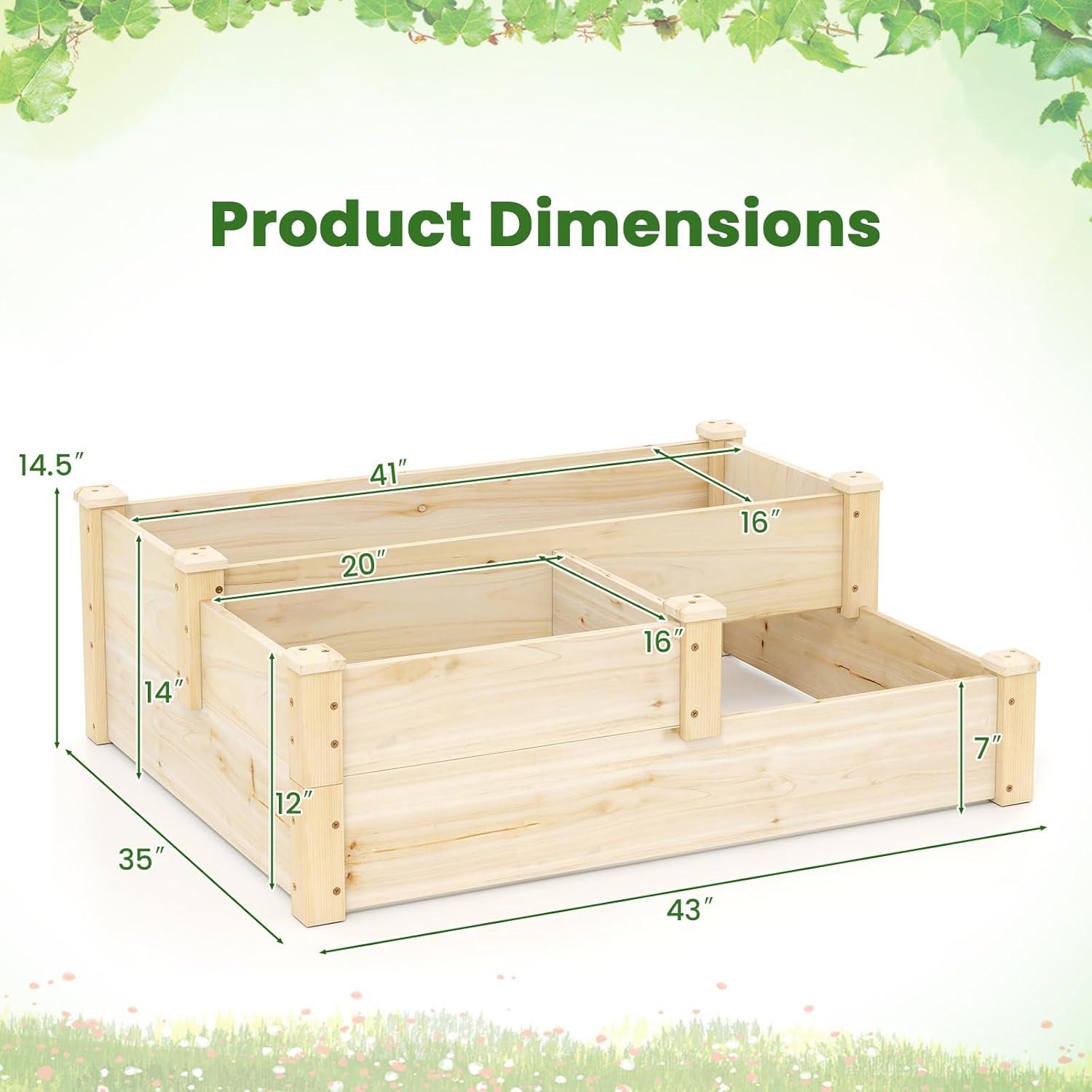 image:imageGiantex 3Tier Raised Garden Bed Tiered Planter Box wOpenEnded Base Fir Wood Elevated Raised Beds for Gardening Vegetable Flower Herb Fruit Perfect for Patio Lawn Backyard43Lx35Wx145H