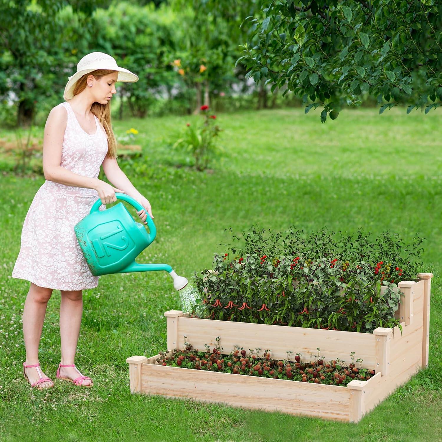 image:imageGiantex 3Tier Raised Garden Bed Tiered Planter Box wOpenEnded Base Fir Wood Elevated Raised Beds for Gardening Vegetable Flower Herb Fruit Perfect for Patio Lawn Backyard47Lx47Wx22H